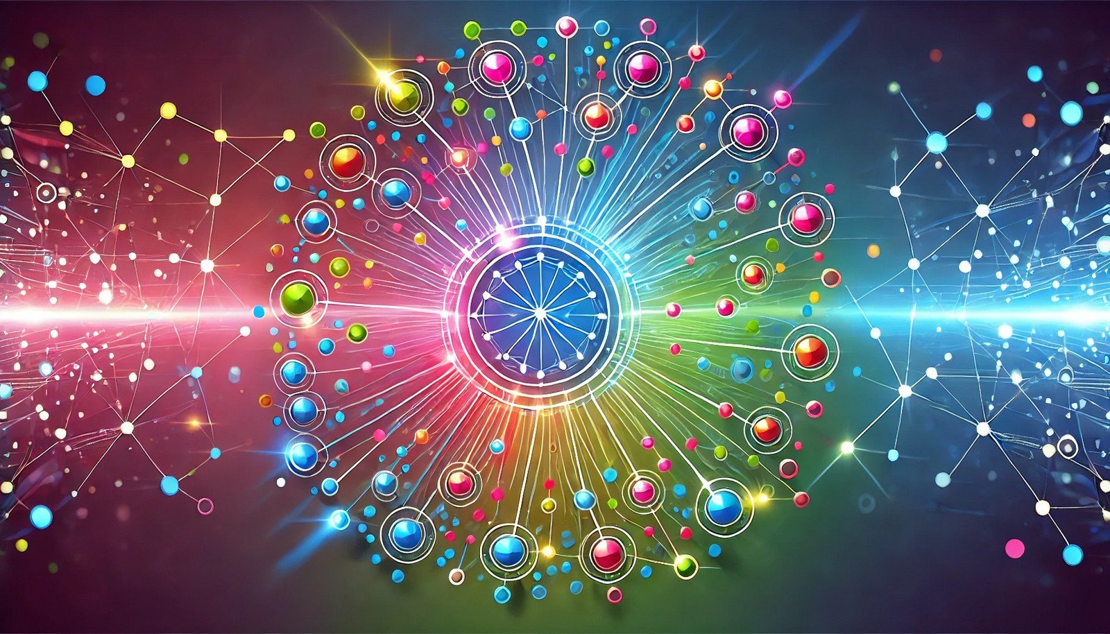 Concept illustration of the Semantic Web, showing a central hub connected to various colorful nodes by bright lines, symbolizing linked data sources. The background has a vibrant gradient of blue, green, and purple, representing a dynamic and interconnected information network.