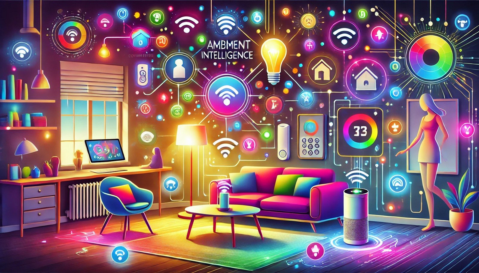 Colorful illustration of Ambient Intelligence in a smart home. A vibrant living room with dynamic lighting, a connected lamp, thermostat, and digital assistant responding to a person’s presence. Bright, multicolored icons symbolize device communication, creating an energetic and adaptive environment.