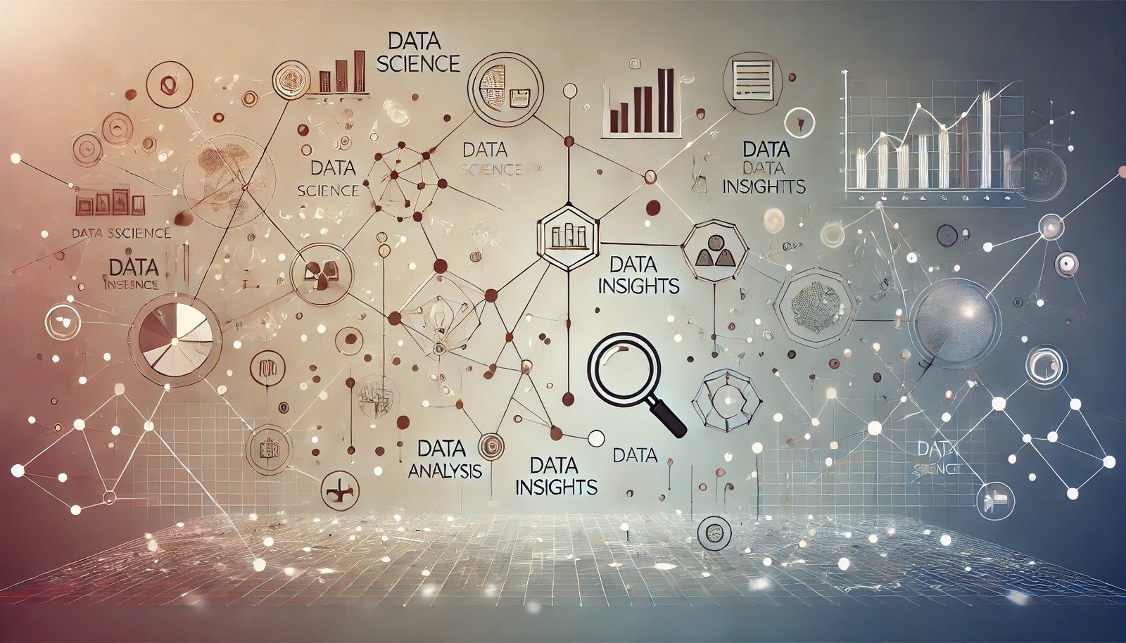 Minimalist concept illustration of Data Science, showing interconnected data nodes and lines forming an abstract network. Icons for data analysis, including a graph, chart, and magnifying glass, float within the network on a gradient background, creating a modern and clean visual representation of data insights.