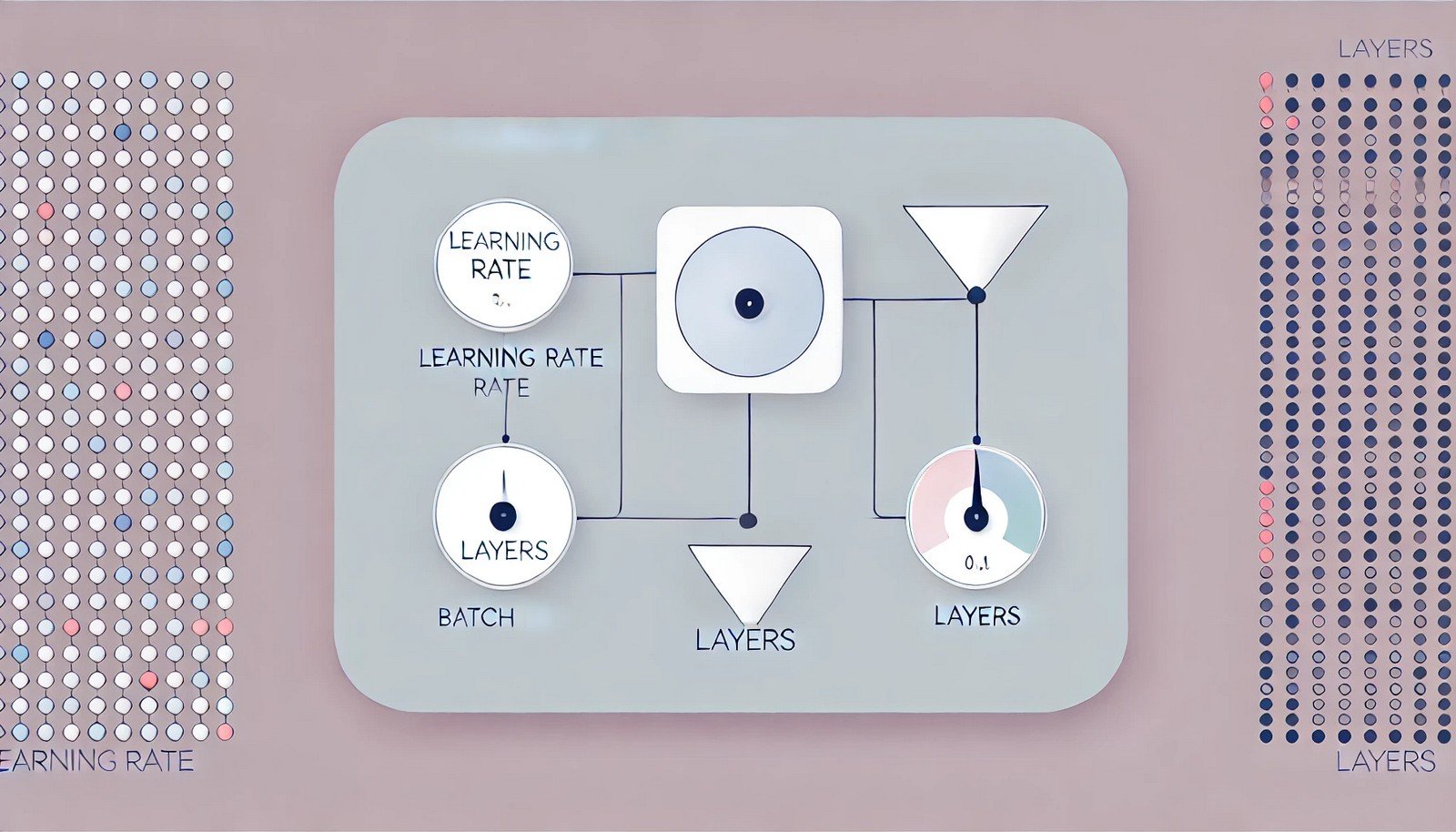 Minimalist illustration of hyperparameters in AI, depicting a neural network model with three dials labeled 'learning rate,' 'batch size,' and 'layers,' subtly influencing a model accuracy gauge. Clean and modern design, emphasizing the role of hyperparameter tuning.