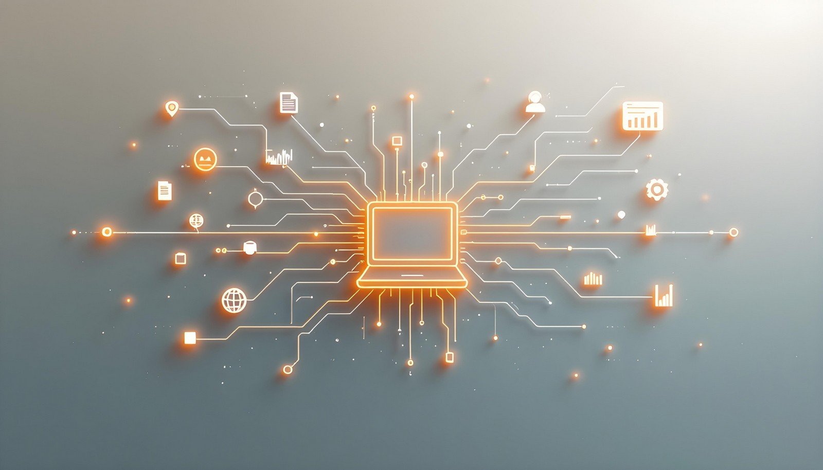 minimalist illustration of "AI Training Data": A central computer or server icon with thin, flowing lines extending outwards to various simple data icons. The lines converge back to the computer, representing data feeding into AI.