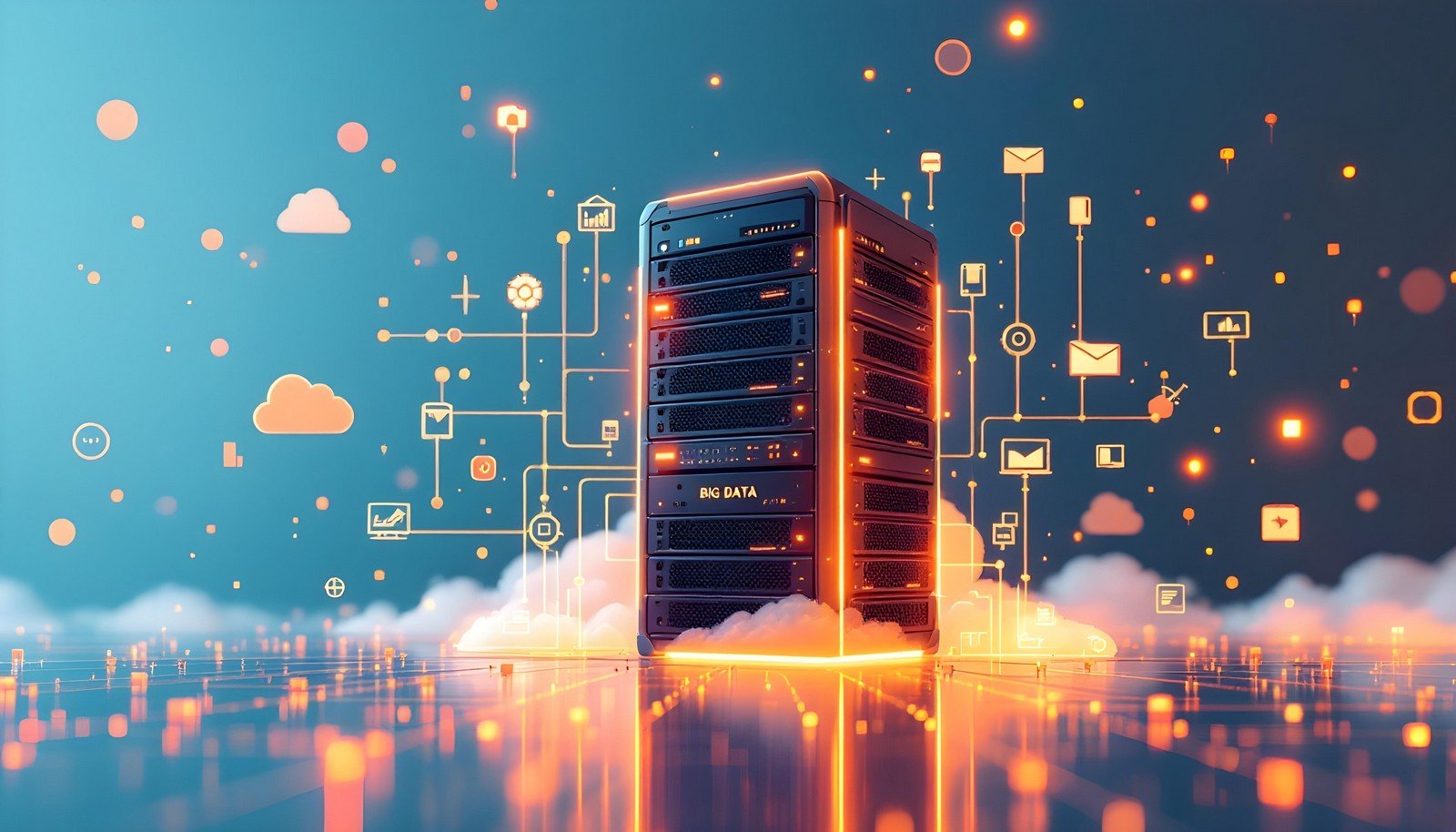 Concept illustration of Big Data with minimalistic design: lots of large servers stack or data cloud at the center, surrounded by simple icons representing data types like graphs, binary code, and small images of computers and devices. The background is clean with subtle lines connecting the central server to each icon, representing data flow.