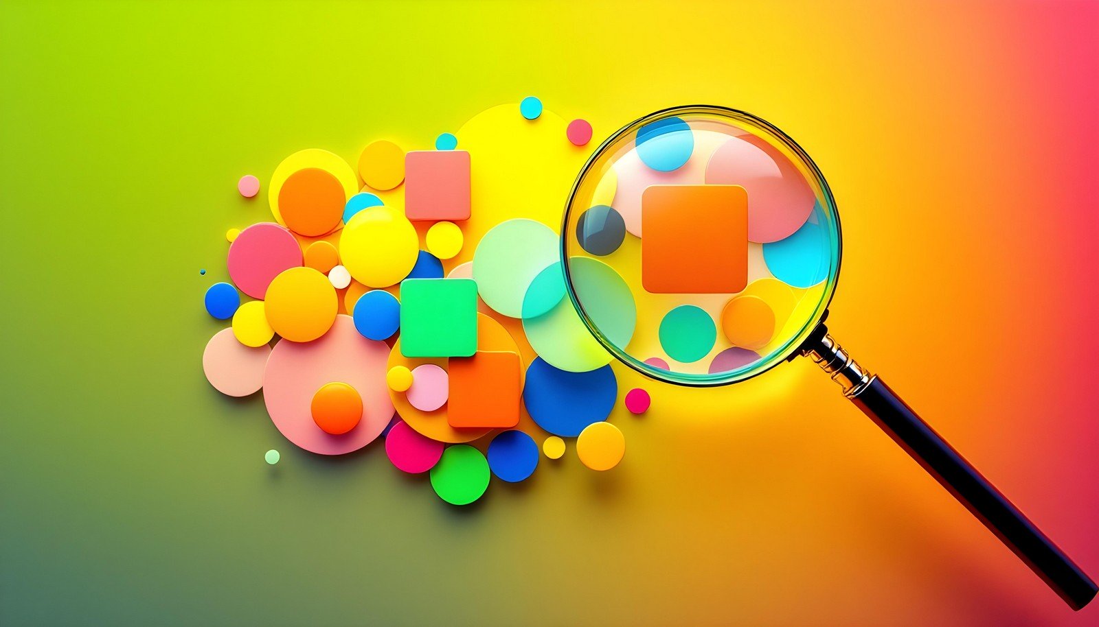 Minimalist concept illustration of Unsupervised Learning showing a cluster of colorful shapes like circles and squares loosely grouped. A magnifying glass highlights a pattern within the cluster, symbolizing how unsupervised learning detects structure in unclassified data against a plain background.