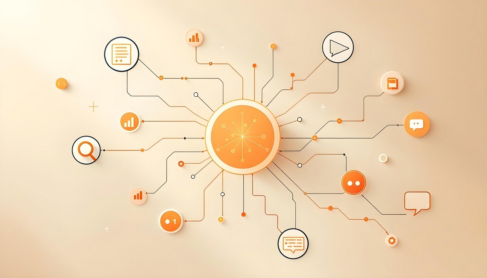 Concept illustration of Multitask Learning: A central, simple neural network with multiple pathways branching out, each leading to distinct tasks represented by minimal icons such as a magnifying glass for classification, a bar chart for regression, and a speech bubble for natural language processing.