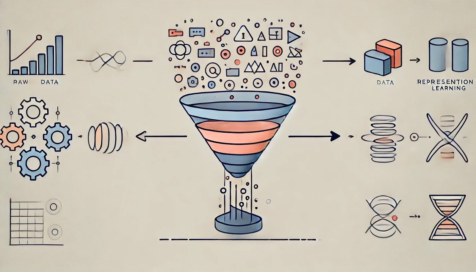 A minimalistic illustration of Representation Learning in AI, showing the transformation of raw, complex data on the left into simplified, structured representations on the right through a funnel or layered approach. The design is clean, using subtle colors to highlight the process of data refinement without distraction.