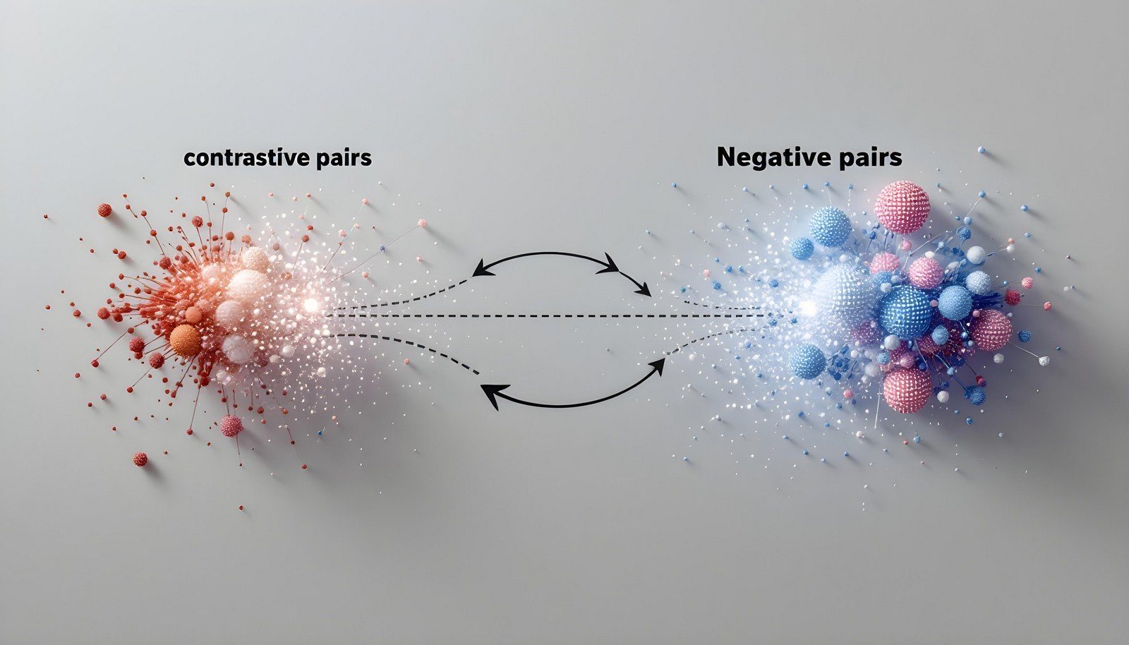 A simple concept illustration of contrastive learning in artificial intelligence. Show two main clusters of data points, one cluster labeled 'positive pairs' and the other 'negative pairs.