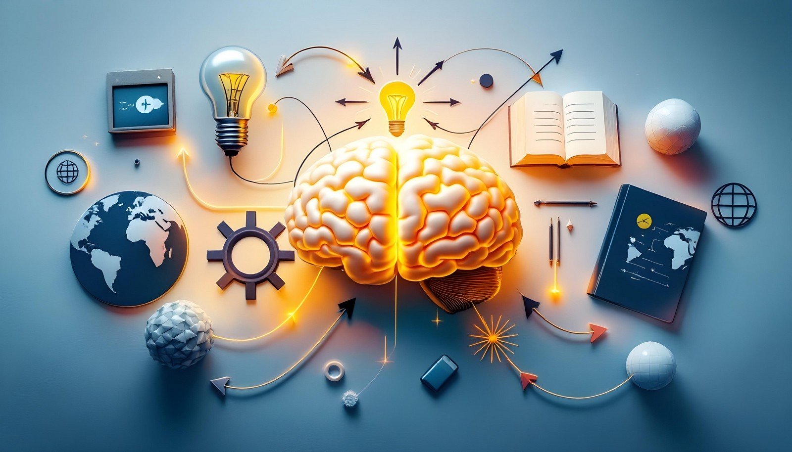 A simplified brain at the center, surrounded by a few key elements: a light bulb representing ideas, a book symbolizing knowledge, and interconnected arrows indicating the flow of information.