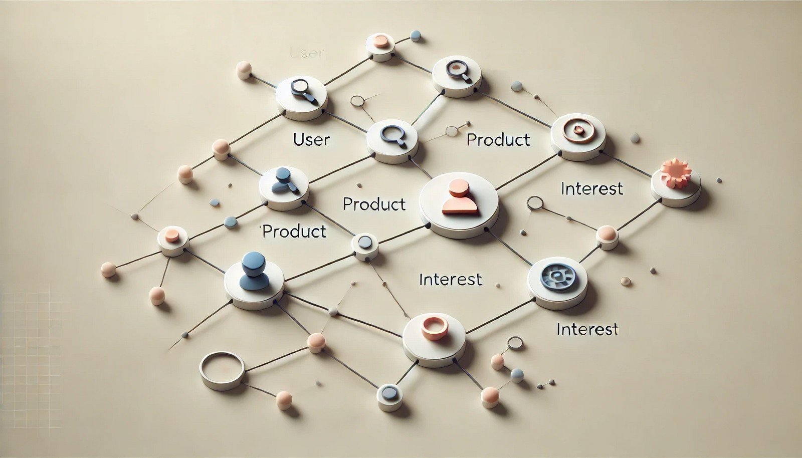 Minimal concept illustration of Relational Learning showing a few connected nodes labeled "User," "Product," and "Interest." Nodes are connected with simple lines, forming a small network on a light background with soft, modern colors.