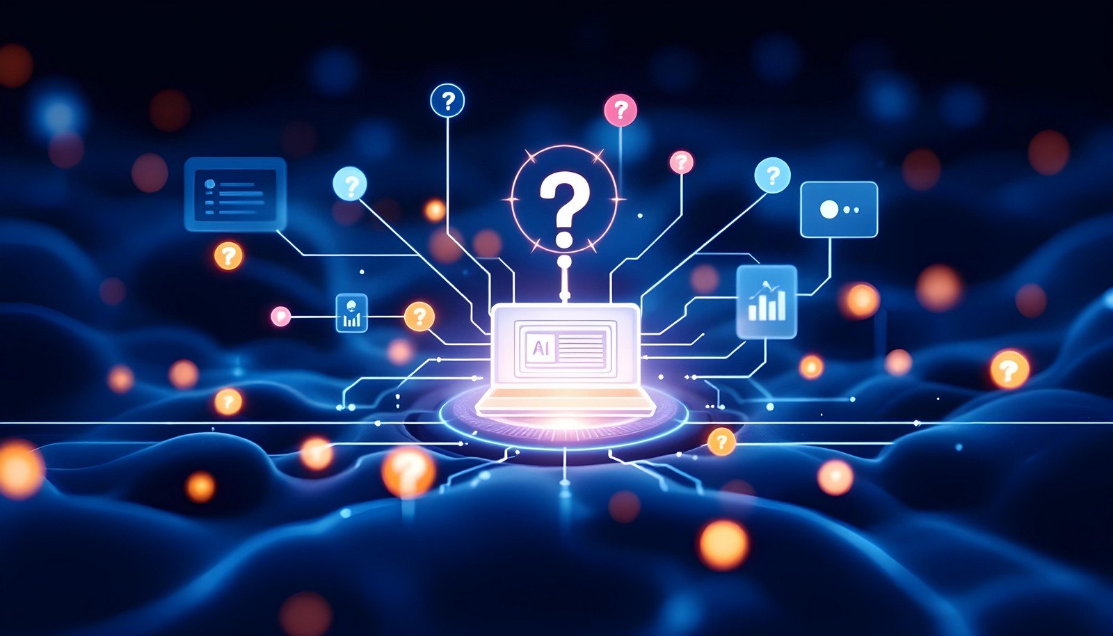 A clean, minimalist illustration of the concept of Active Learning in machine learning. A central computer with a few data points around it, each labeled with subtle question marks or symbols indicating uncertainty.