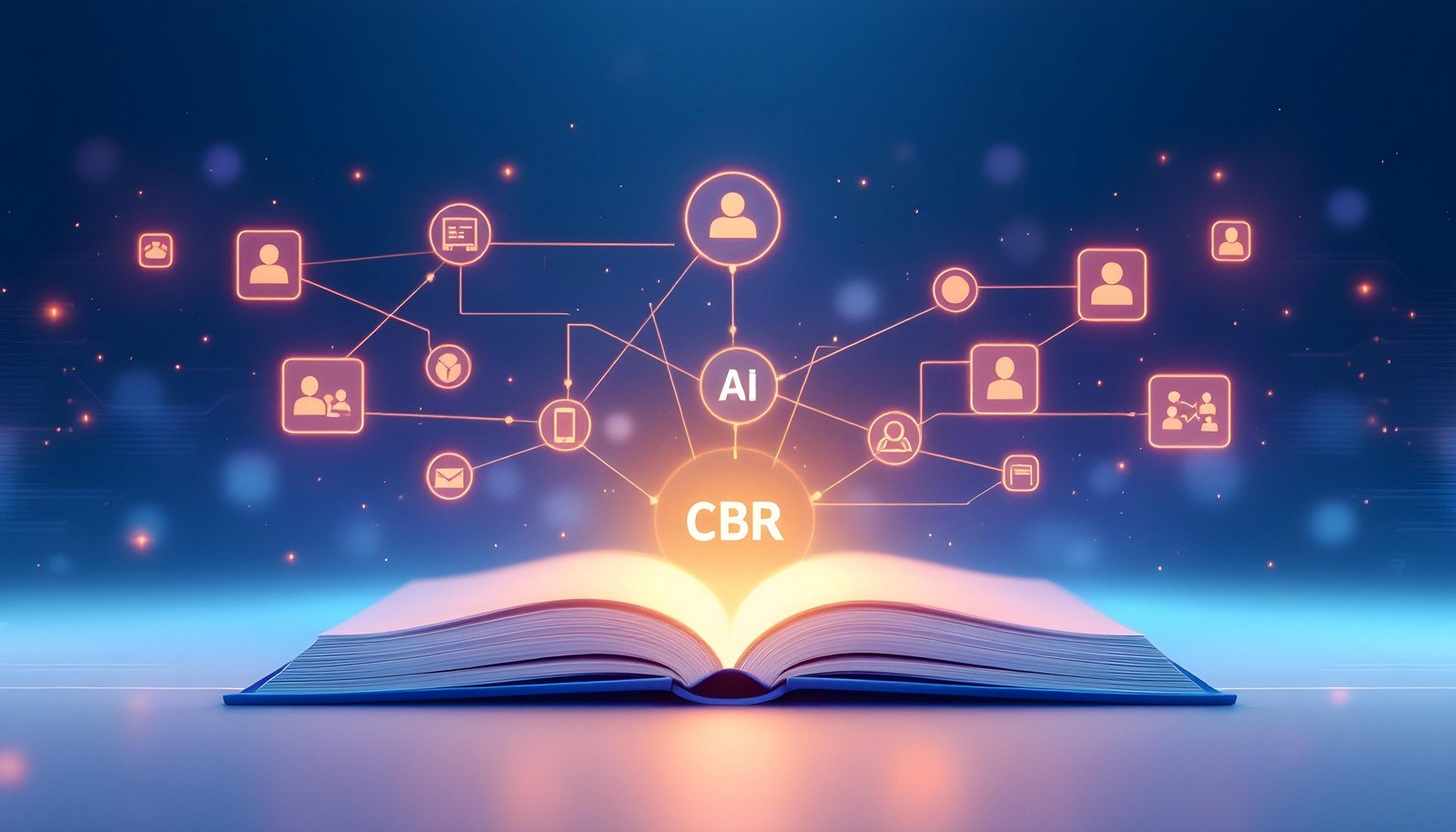 "Create a minimalist concept illustration of Case-based Reasoning CBR in AI. A central, open book or digital interface with abstract representations of past cases icons or small images connected by lines to a glowing central node.