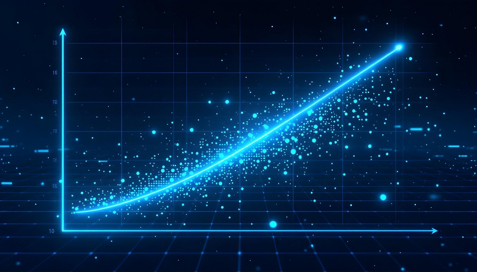 A minimalist concept illustration of Linear Regression in AI. A simple scatter plot with data points spread across the graph. A single straight line should be drawn through the points to represent the regression line.