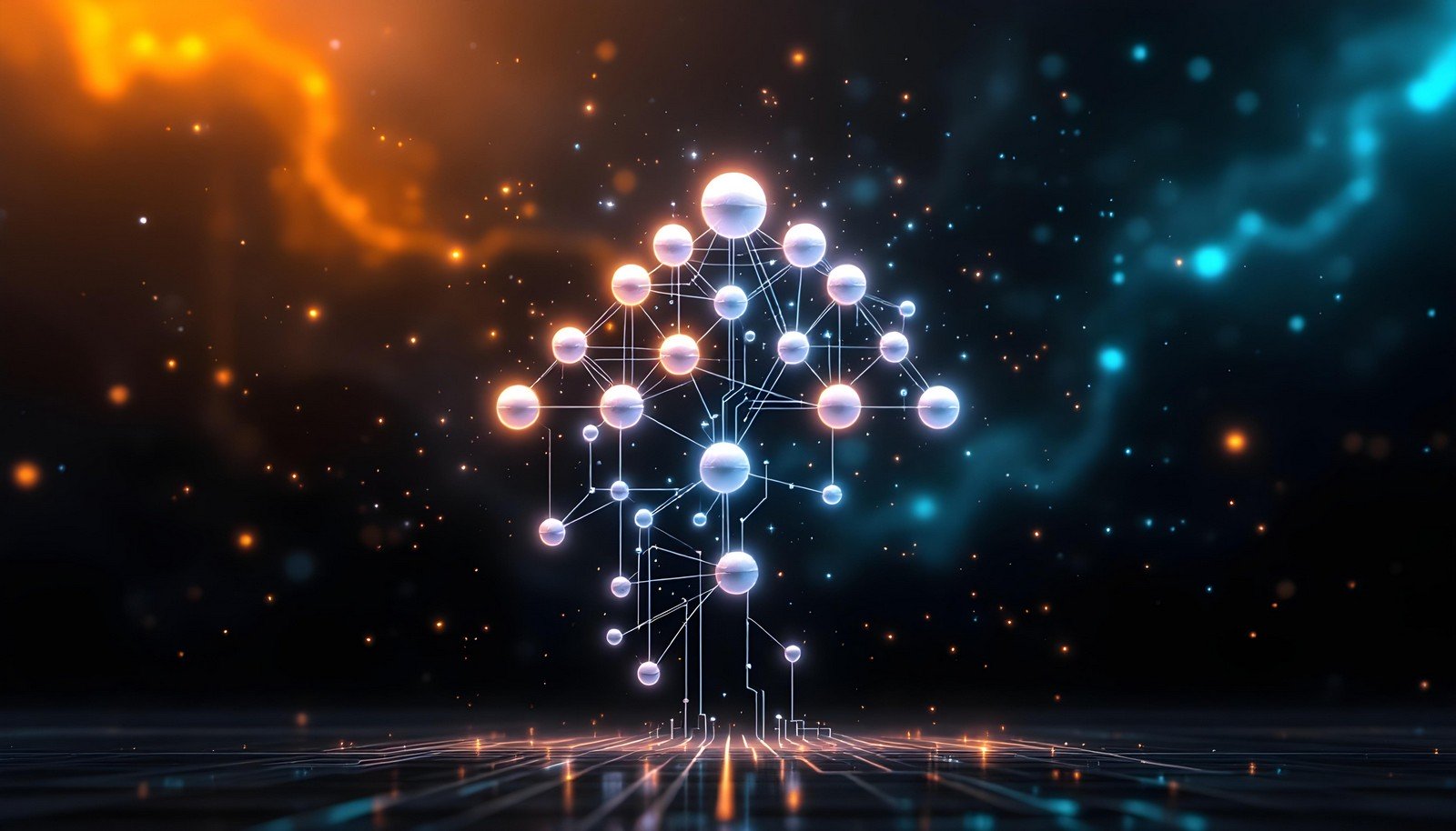 A concept illustration for Hierarchical Clustering in AI. A tree-like structure, with nodes representing data points grouped into clusters.