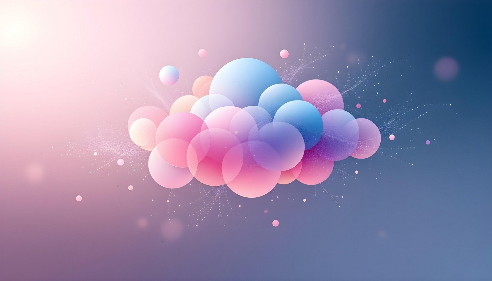 A minimalist concept illustration for Fuzzy Clustering in AI. A central cloud of overlapping, translucent circles representing data points, where each circle has a gradient hue, symbolizing the uncertainty of classification.