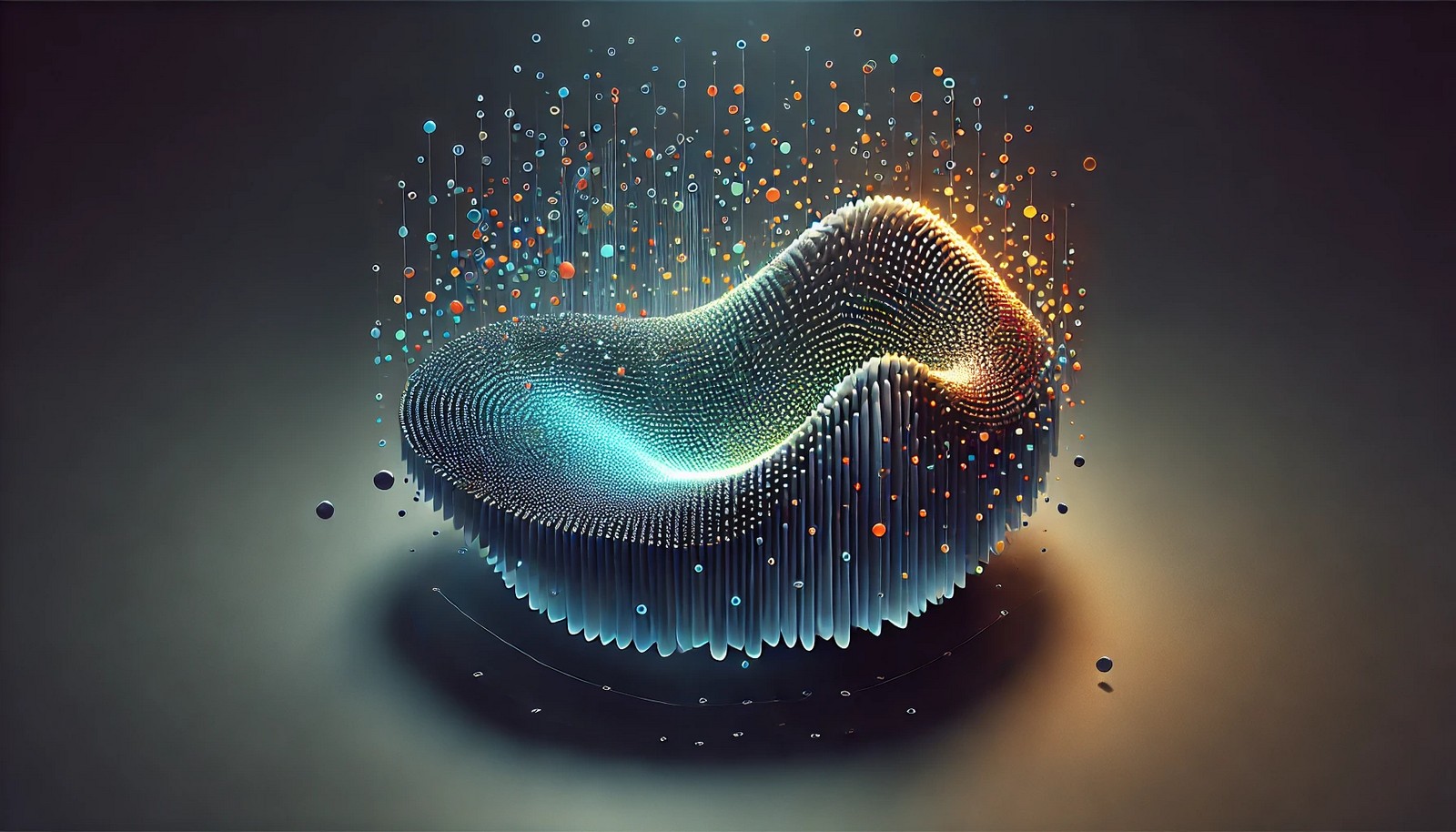 An innovative 3D illustration of Density Estimation in AI, showing a floating, curved probability density surface with textured, colored gradients that represent density variations. Semi-transparent, glowing data points cluster around the surface, indicating areas of high and low density. Set against a dark background, the image emphasizes depth, precision, and fluidity in data representation.