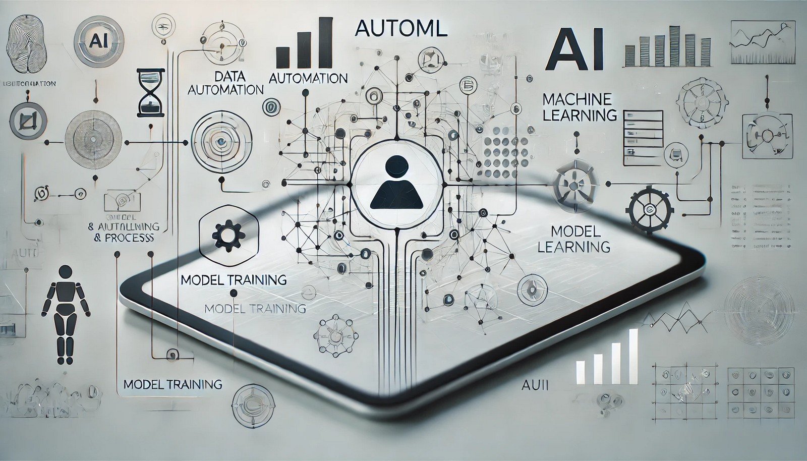 A conceptual illustration of Automated Machine Learning (AutoML), showing a streamlined AI process with abstract symbols and interconnected lines, representing data automation and model training without human intervention.