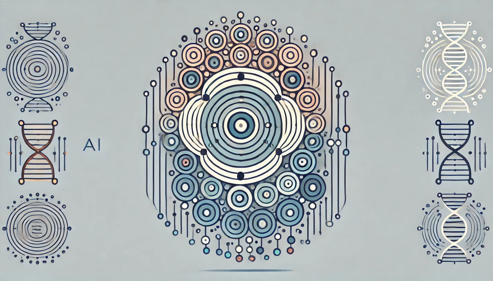 Minimalist illustration of Evolutionary Algorithms featuring a central layered structure with circular nodes in various shades, connected by gentle curves, representing AI's evolving process through mutation and adaptation in an organic, streamlined pattern.