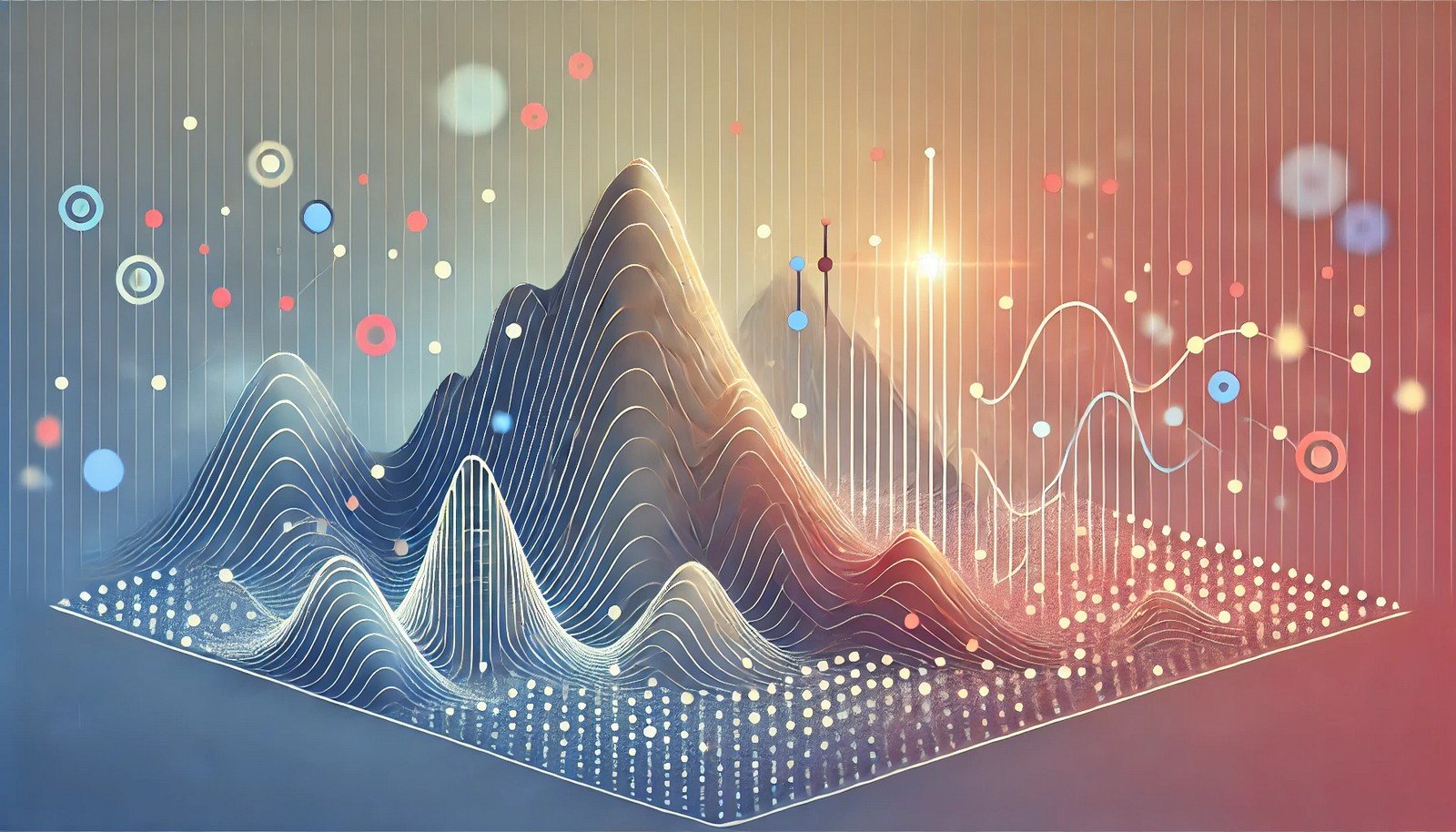 Concept illustration of Simulated Annealing in AI, showing a mountain landscape with scattered dots as solution points, a highlighted peak representing an optimal solution.