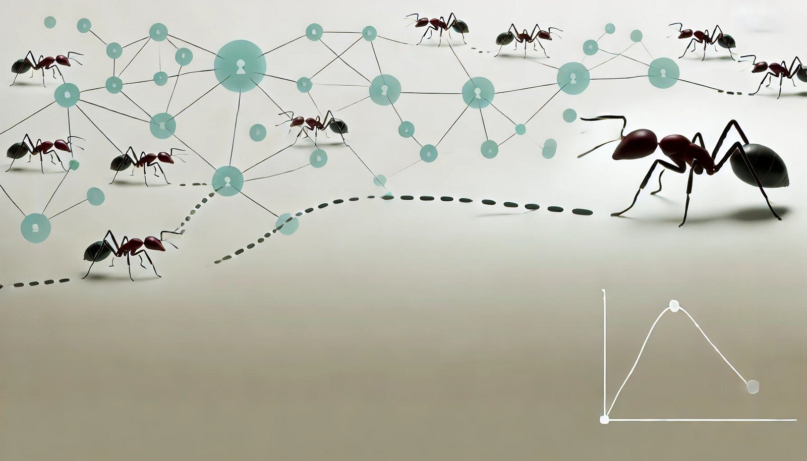 Minimalistic concept illustration of Ant Colony Optimization in artificial intelligence, featuring ants on simplified paths with pheromone trails guiding them toward an optimized goal, representing network optimization through abstract nodes and paths.