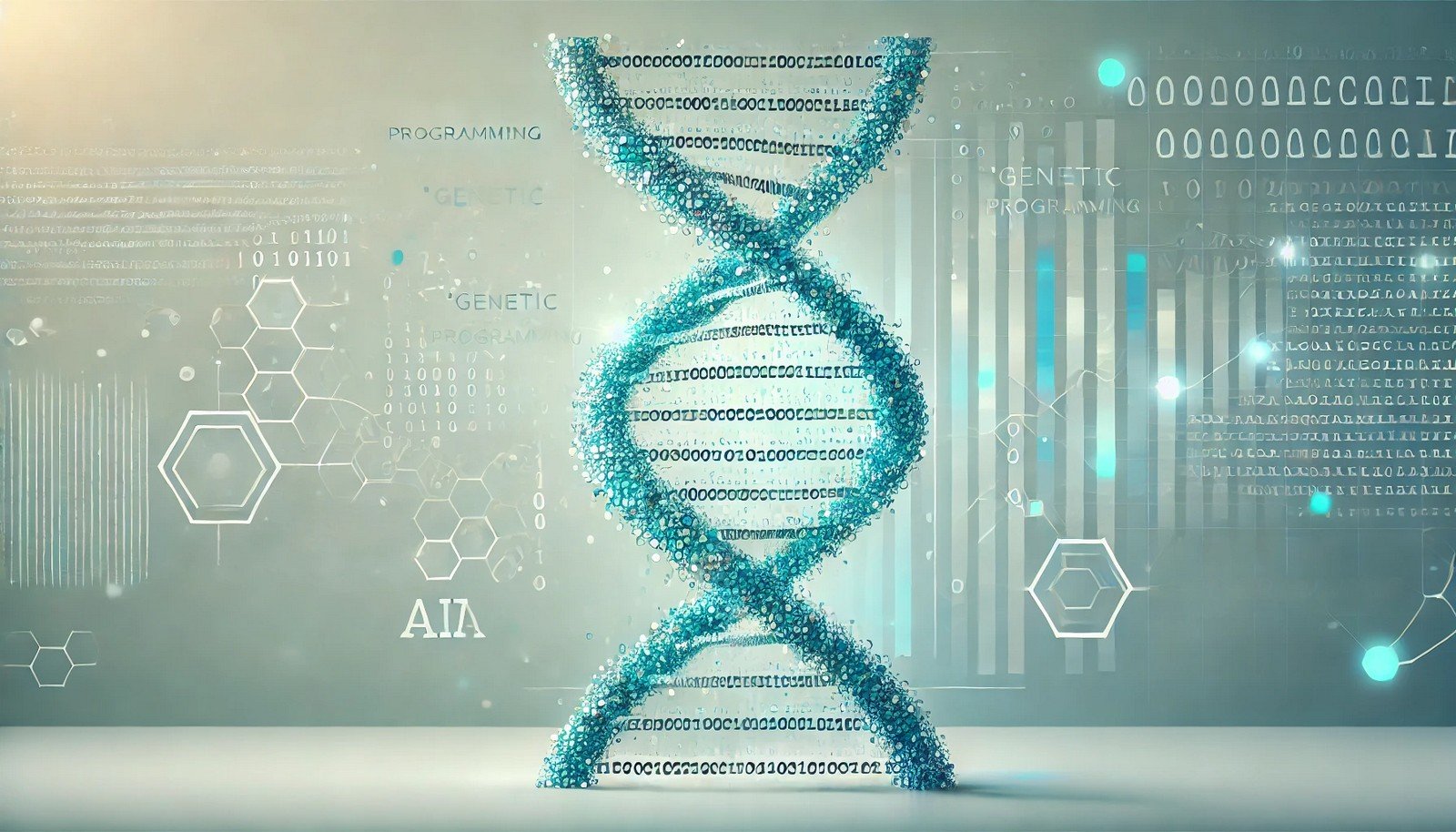 A concept illustration of "Genetic Programming" in artificial intelligence, showing a digital DNA helix composed of code segments and binary patterns. The image has a minimalistic background with a technological gradient, focusing on the DNA helix, symbolizing the fusion of biological evolution with programming techniques.