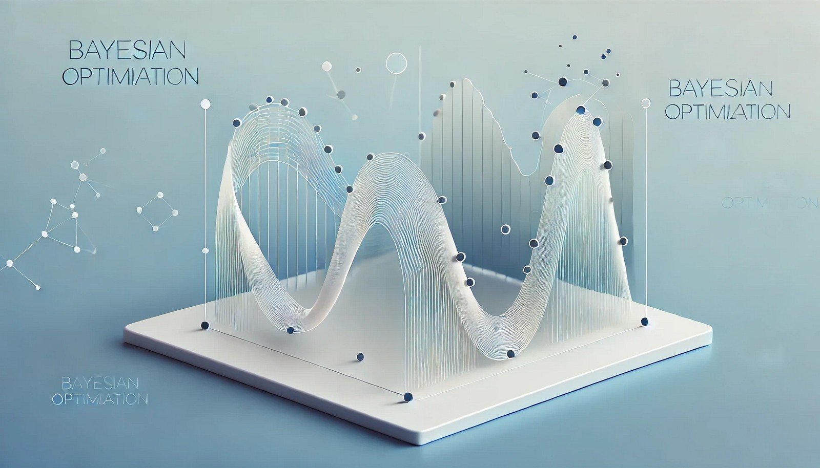 Minimalistic concept illustration of Bayesian Optimization, featuring a smooth curve with highlighted points representing exploration and exploitation in AI optimization.