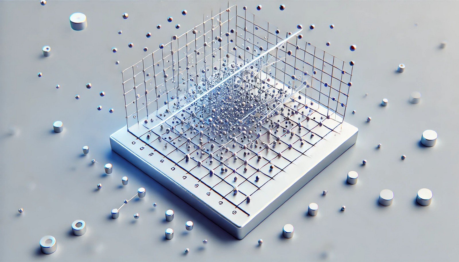 A minimalistic concept illustration of Support Vector Regression (SVR) in AI, showing a 3D grid in a high-dimensional space. A hyperplane cuts through the space, with data points on each side connected by lines to illustrate the margin used in SVR for predictions.