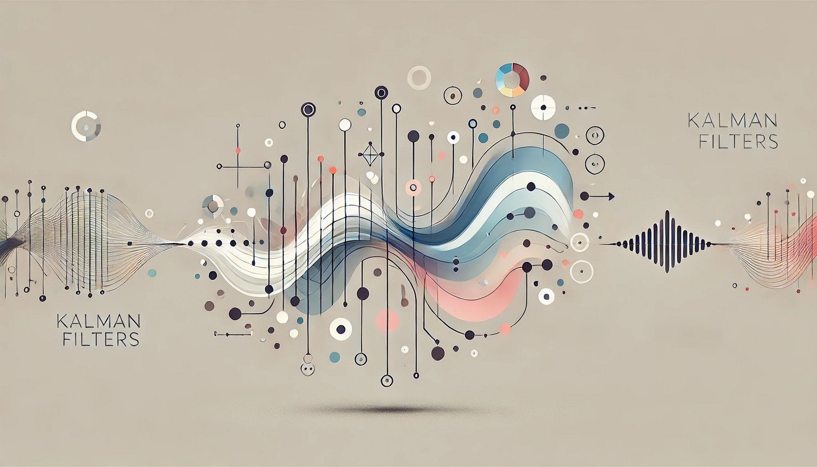 Conceptual illustration of Kalman Filters, showing abstract data points flowing through an organized system with arrows and circles to represent prediction and tracking in AI.