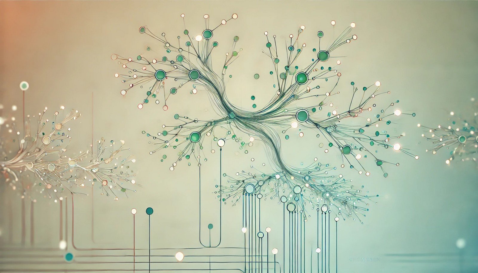 An abstract illustration of Genetic Algorithms in AI, showing interconnected nodes representing evolving digital organisms linked by branching lines, symbolizing genetic selection, mutation, and crossover.