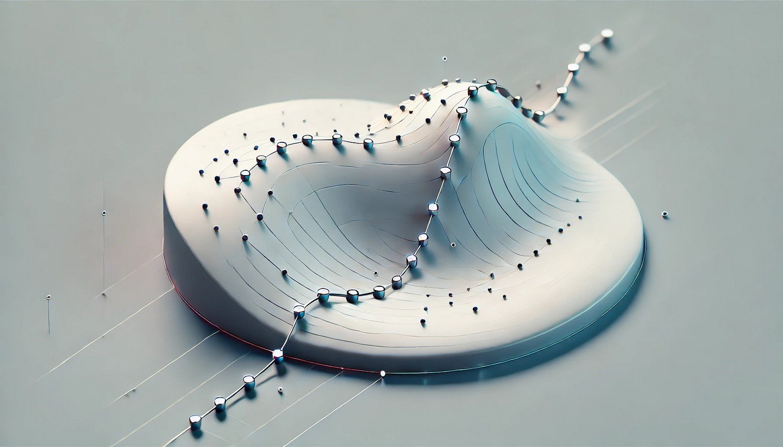 A unique minimalist 3D illustration of Stochastic Gradient Descent, featuring a smooth, curved surface with descending paths toward a low point, symbolizing optimization and learning convergence in AI.