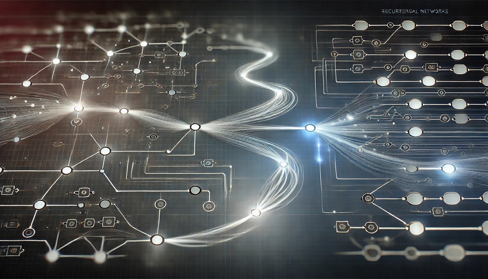 Concept illustration of Recurrent Neural Networks, showing interconnected nodes and looping pathways to depict sequential data flow and feedback loops, with a futuristic, minimalistic style against a dark background. The image emphasizes memory retention in the network structure.