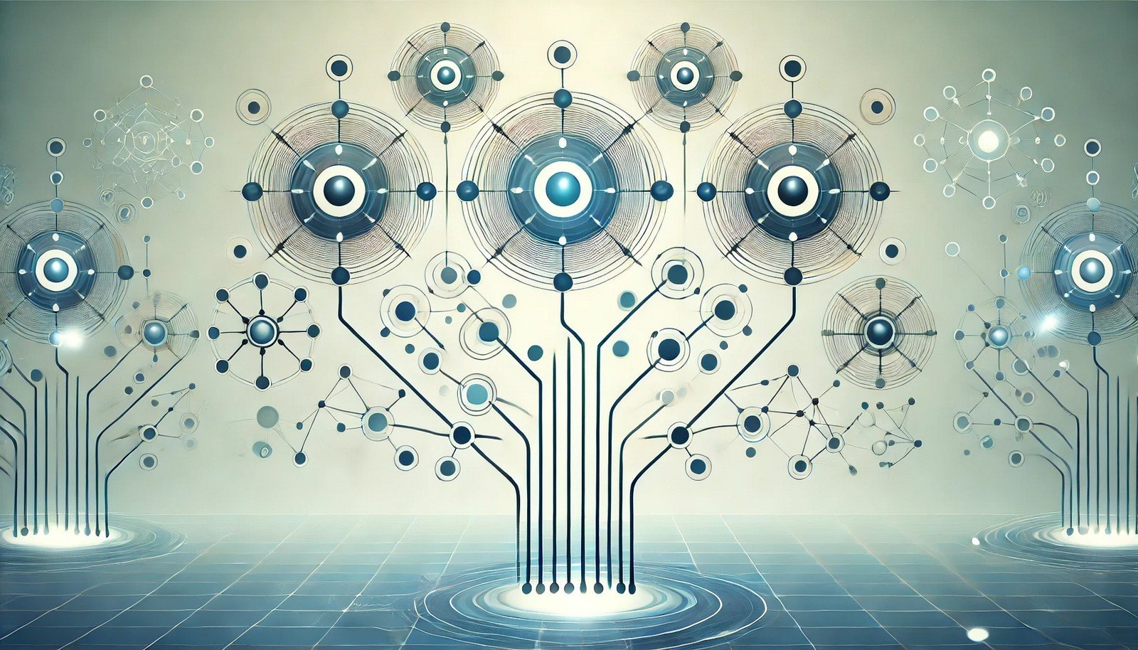 A minimalistic, conceptual illustration representing Multi-Head Attention in AI, showing several circular nodes branching from a central point and connecting to parts of an abstract grid structure, symbolizing multiple attention mechanisms focusing on different data areas.