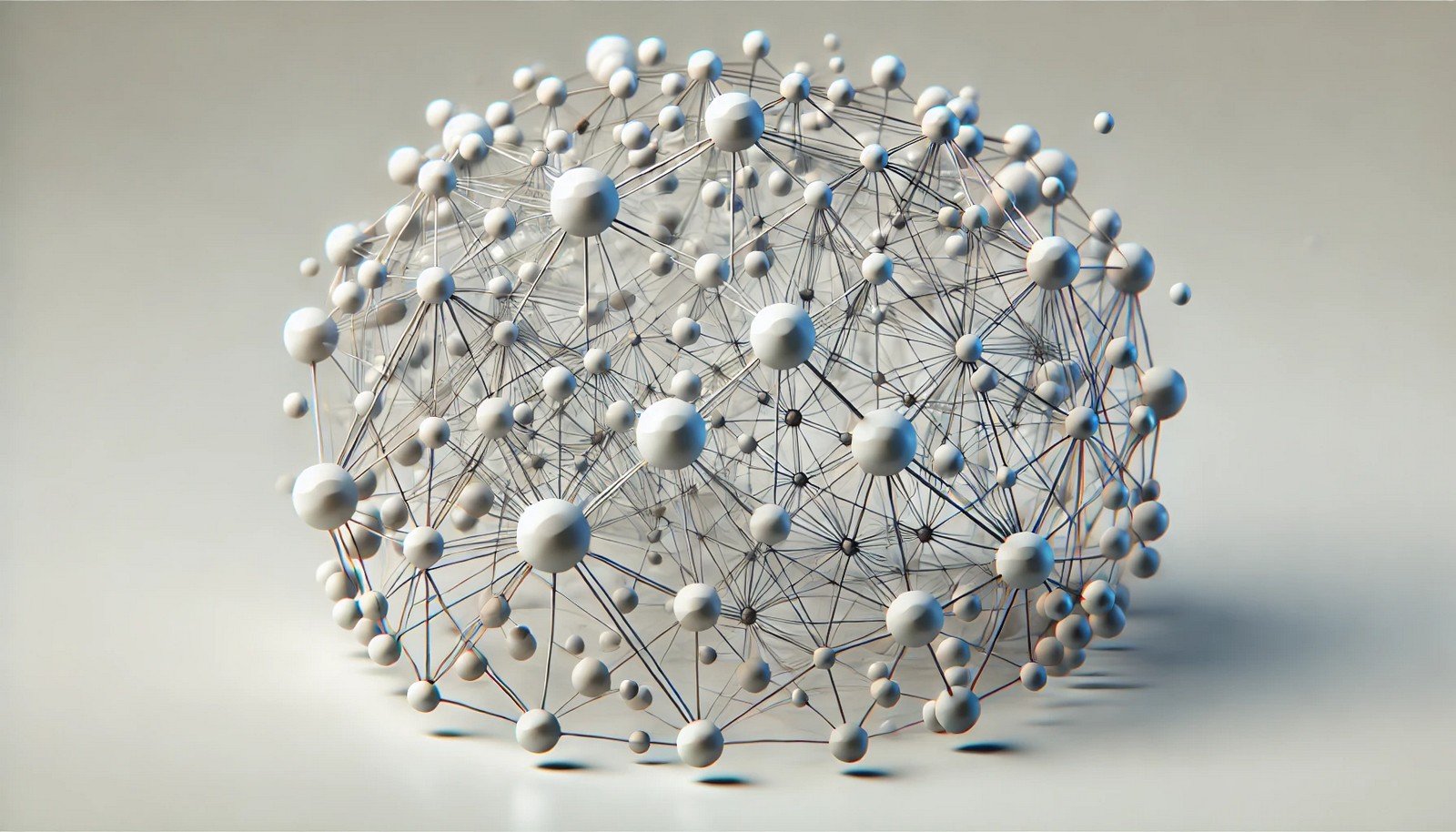 A 3D concept illustration of Bayesian Networks, showing spherical nodes connected by lines in three-dimensional space, symbolizing data points and probabilistic dependencies in AI. The design has depth and perspective, creating a sense of interconnected data flow and structured relationships.