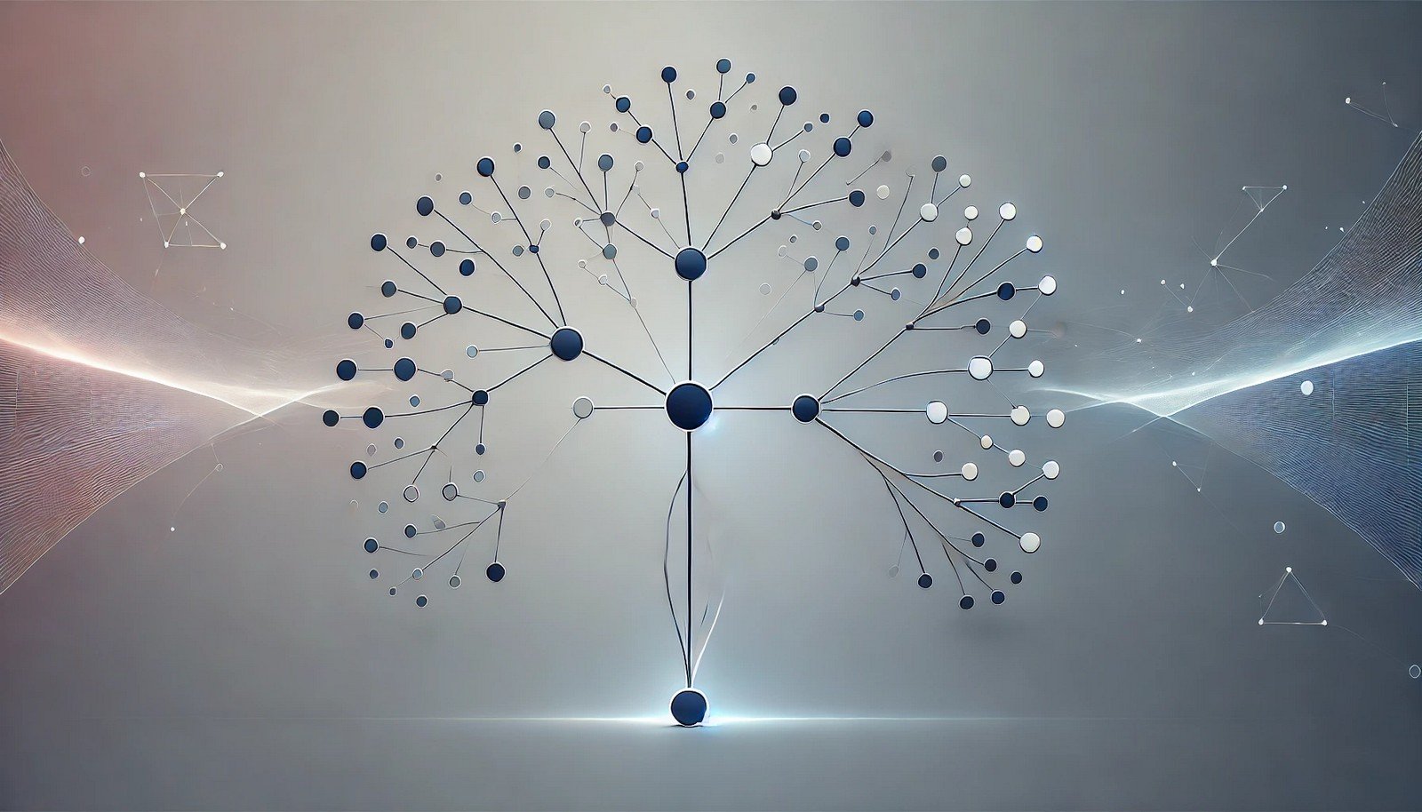 Minimalistic illustration of a Markov Decision Process, featuring a decision tree branching from a central node with pathways between nodes, symbolizing states, choices, and transitions in AI decision-making, set against a subtle gradient background in muted blue and gray.