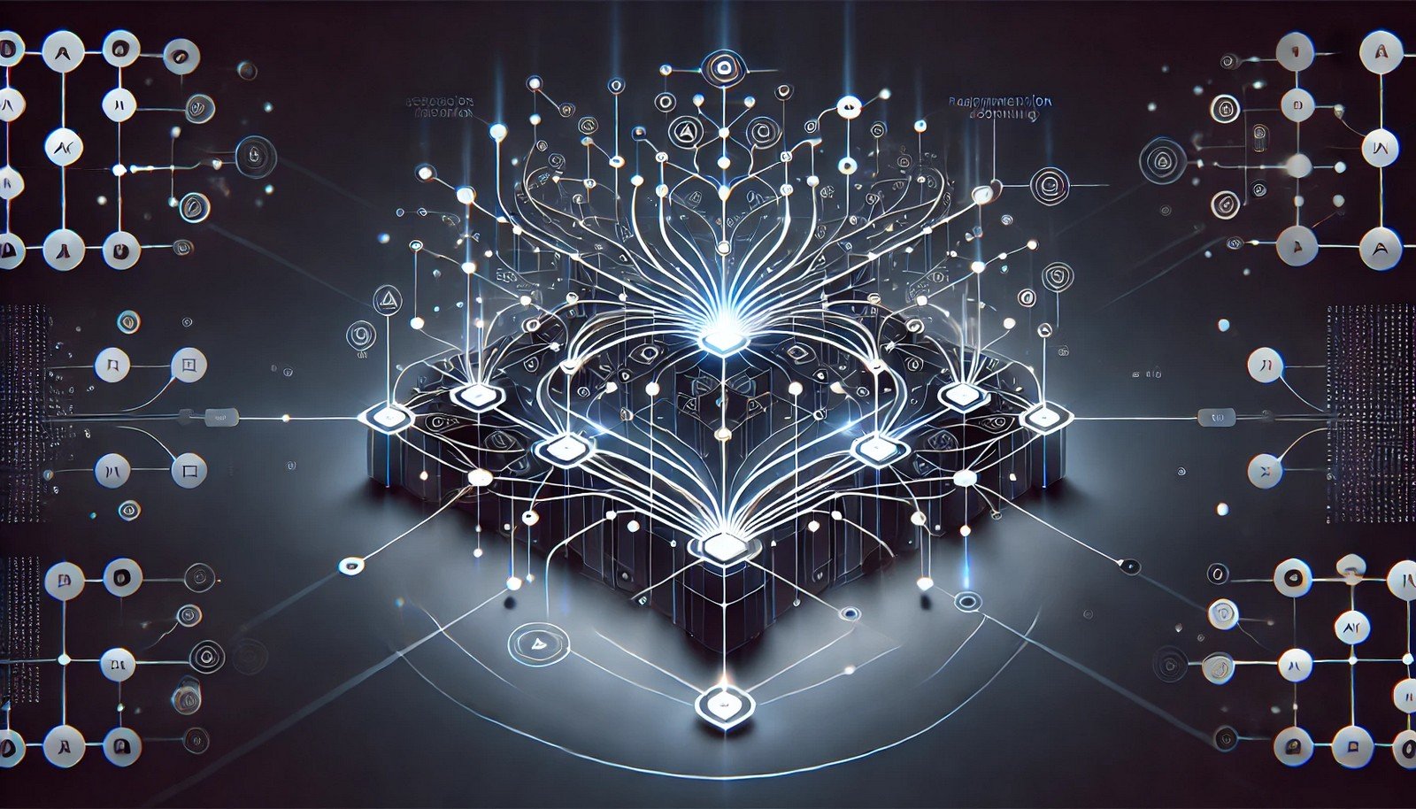 A concept illustration of Deep Q Networks in AI, featuring a simplified neural network with glowing nodes and pathways on a dark background, symbolizing decision-making and learning through connected pathways in reinforcement learning.