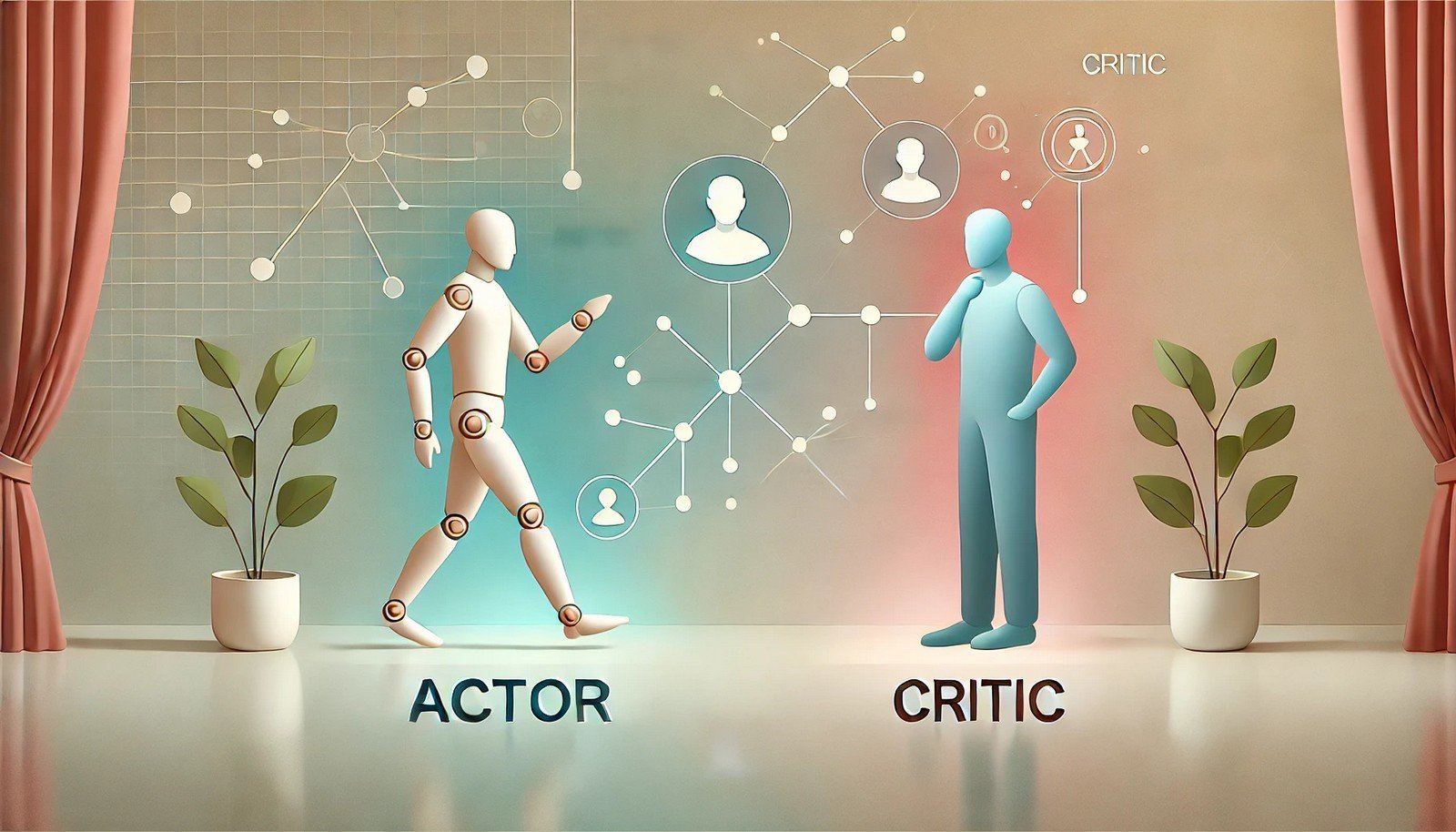 Minimalist illustration of Actor-Critic Models in AI, depicting two humanoid figures, one as the Actor moving forward, and the other as the Critic observing thoughtfully. The background has subtle digital network lines, symbolizing an abstract AI environment.