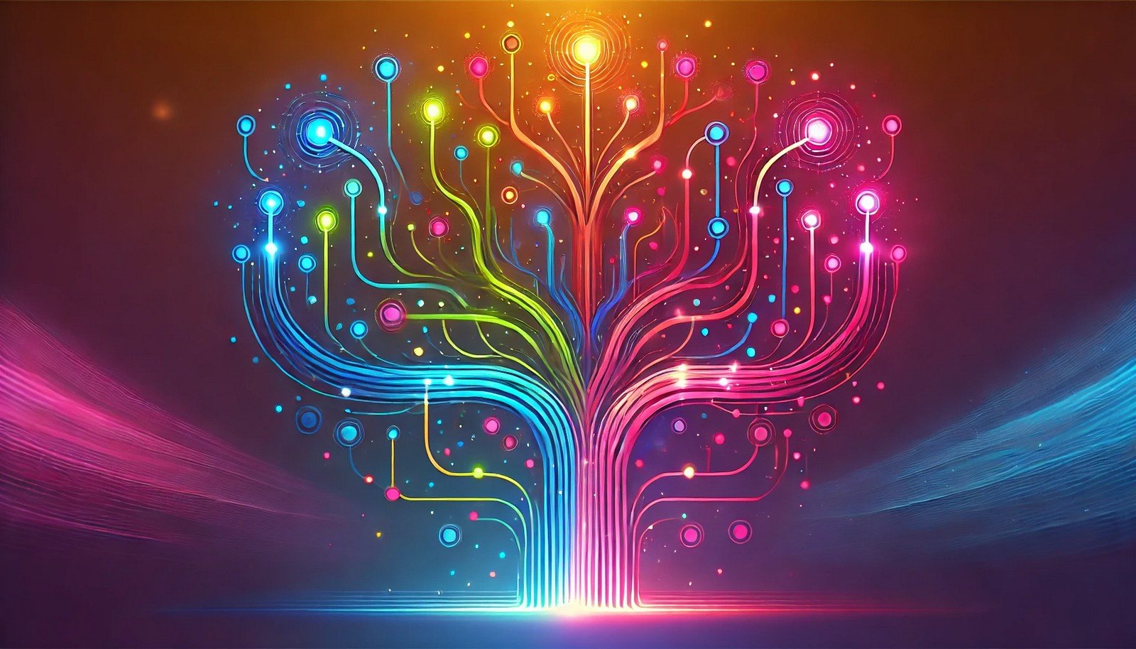 A vibrant, colorful illustration of a Decision Tree concept in AI, featuring a branching structure with dynamic, multi-colored lines leading to glowing dots representing outcomes.