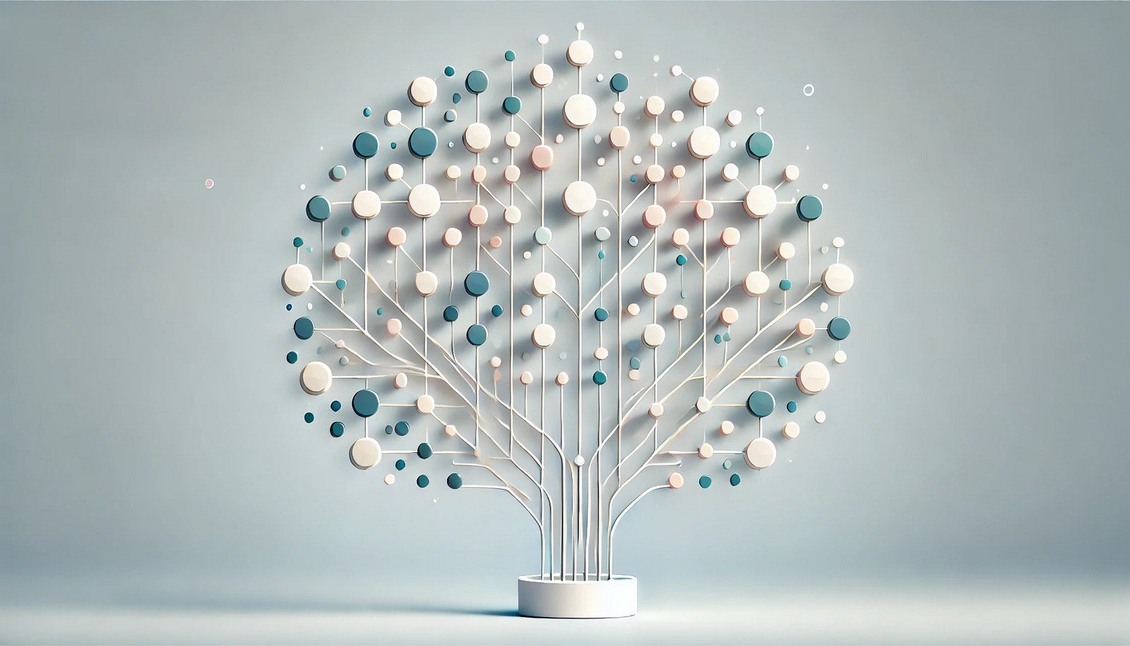 Concept illustration of Random Forests in AI, showing a simplified decision tree with multiple branching paths, symbolizing diverse decision outcomes. The structure is organized, with soft connections illustrating data flow, capturing the ensemble learning approach in a minimalistic style.