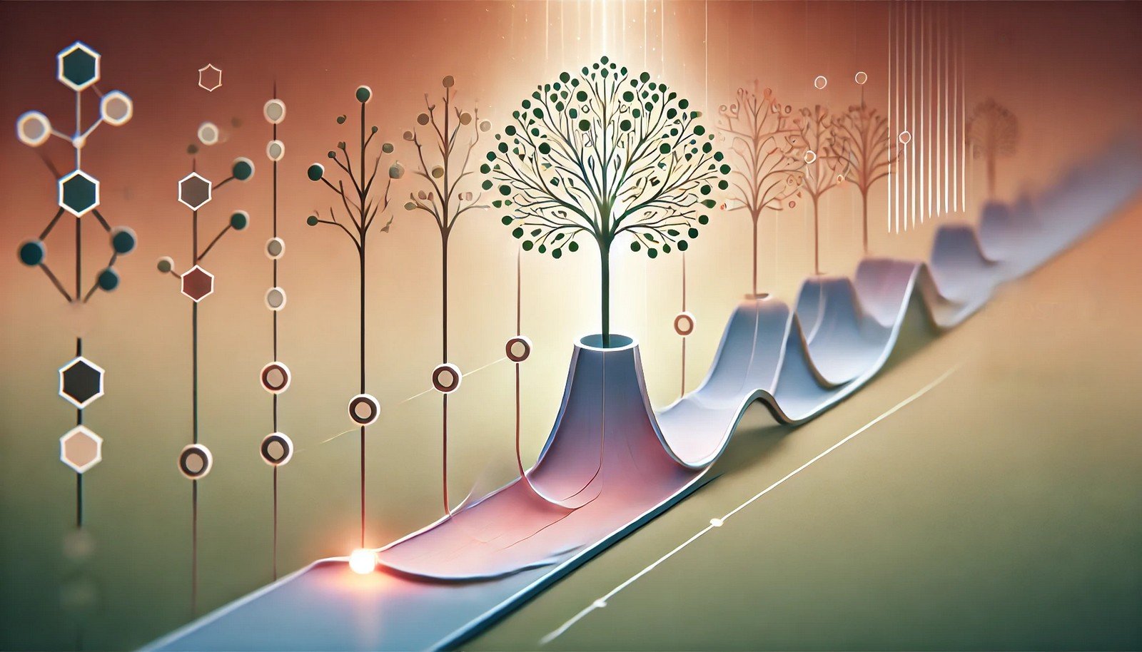 A minimalistic concept illustration of Gradient Boosting in AI, featuring a progression of small, simplified trees that gradually improve into a larger, complex tree, symbolizing the evolution from weak models to a strong, accurate model. The design emphasizes a smooth gradient flow from left to right, with clean lines and a focus on simplicity.