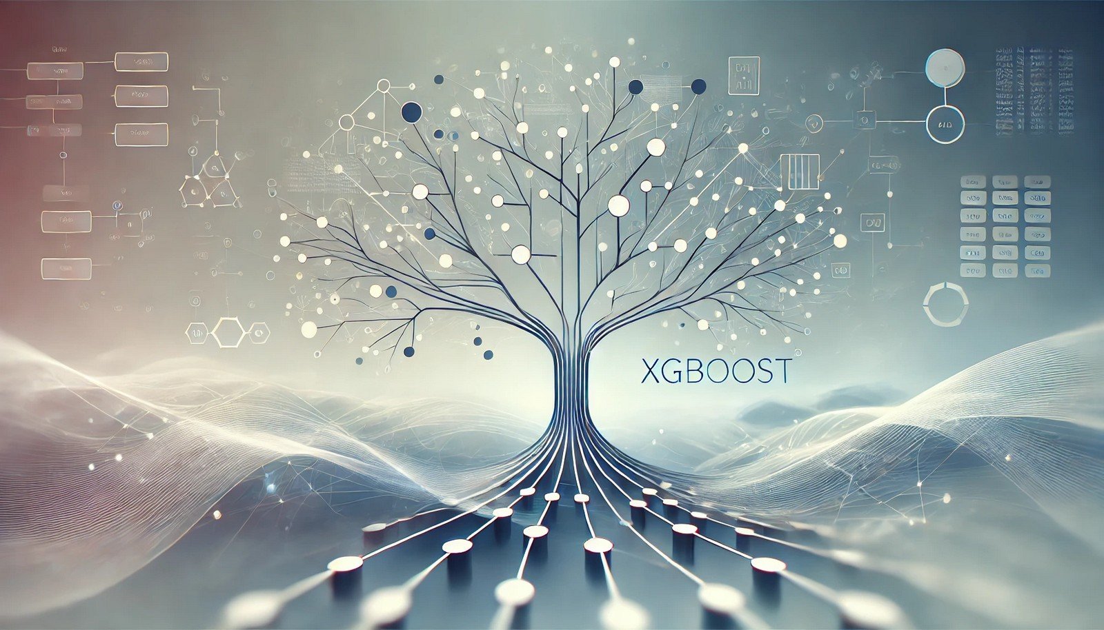 A conceptual illustration of the XGBoost algorithm in AI, showing a minimalistic tree-like structure with interconnected nodes in an abstract digital landscape. The image uses soft gradient tones with hints of blue and green, focusing on the simplicity and flow of data through branching paths to represent decision trees in machine learning.