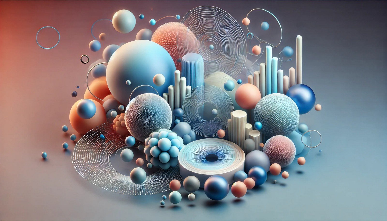 A 3D conceptual illustration of fuzzy logic with abstract gradient spheres and smooth surfaces blending softly. The interconnected shapes convey blurred boundaries and fluid transitions, symbolizing the flexibility in degrees of truth.