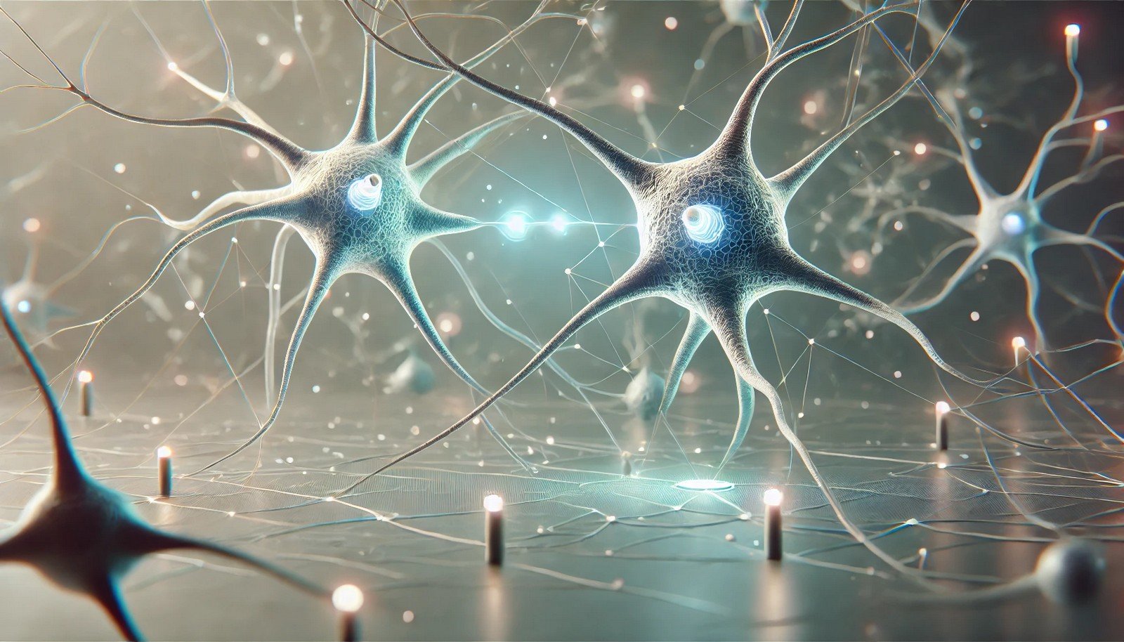 A 3D illustration of Hebbian Learning, showing two neurons with a glowing synaptic connection, symbolizing strengthened links through repeated activation. The image has a cool, minimalistic background.