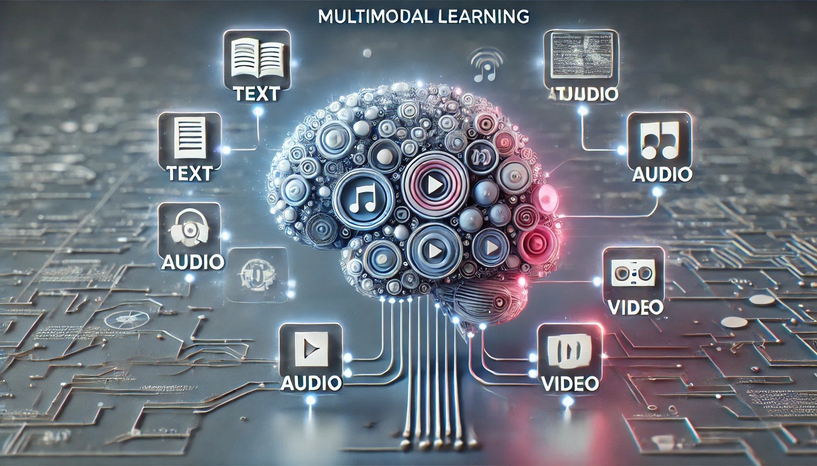 A 3D illustration of multimodal learning with an AI brain at the center. Distinct pathways for text, image, audio, and video data merge into the brain, emphasizing integration in a clean, futuristic style.