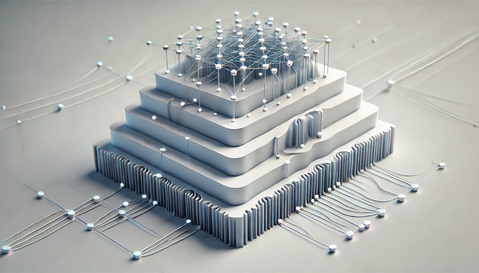 A sleek 3D illustration of a Feedforward Neural Network, featuring a series of connected nodes and layers flowing in one direction, emphasizing simplicity with soft lighting and minimalistic design.