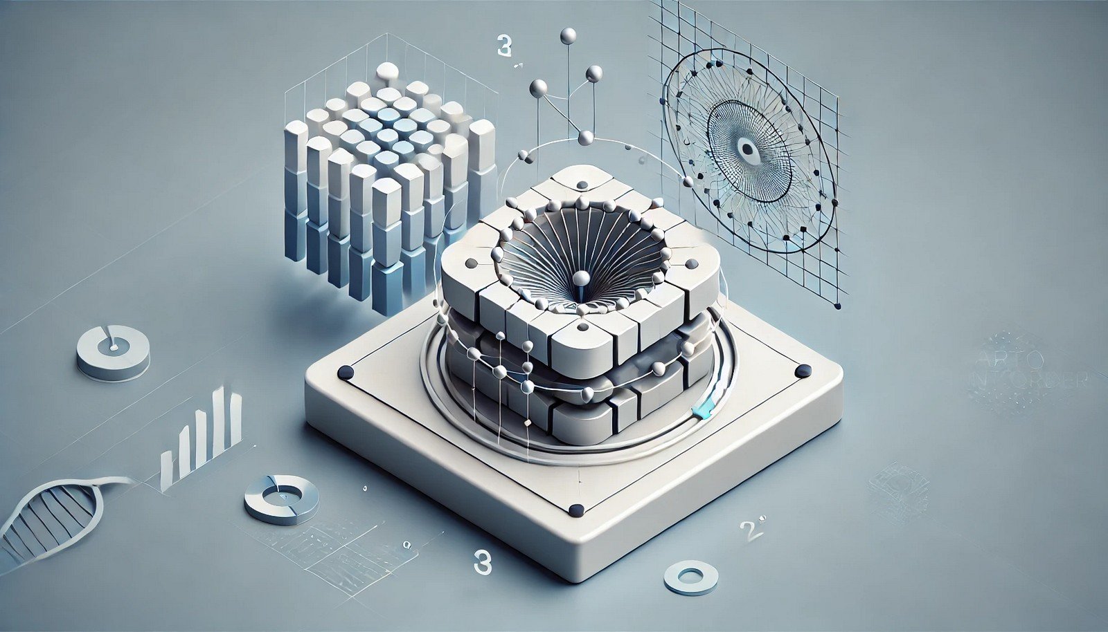 A 3D illustration depicting the concept of an autoencoder, with two interconnected shapes representing data compression and reconstruction, designed in a minimalist and modern style without text.