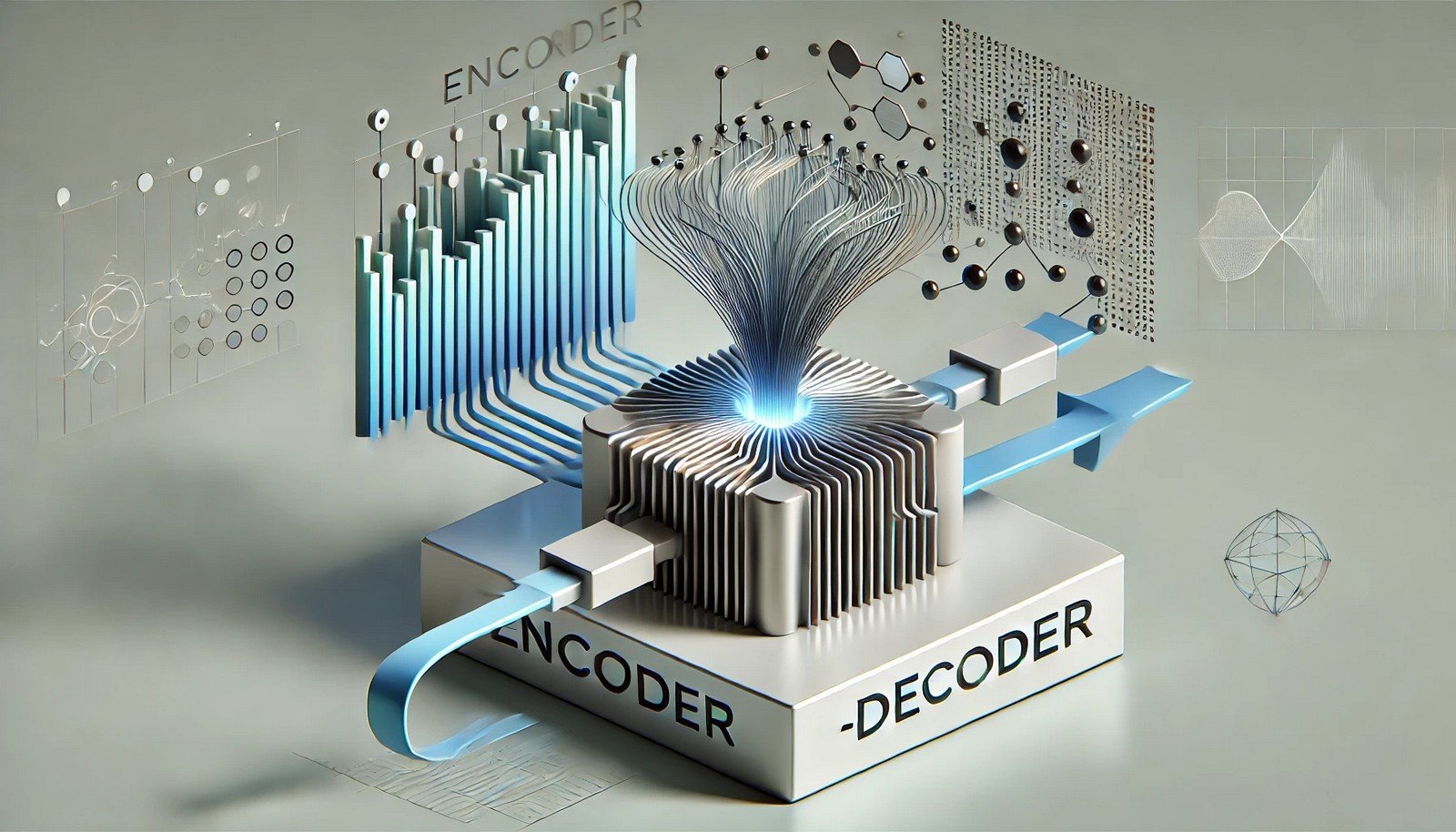 A minimalistic 3D representation of Encoder-Decoder Networks, featuring an encoder transforming input data into a condensed format, then a decoder reconstructing it back to output, emphasizing a seamless data flow.