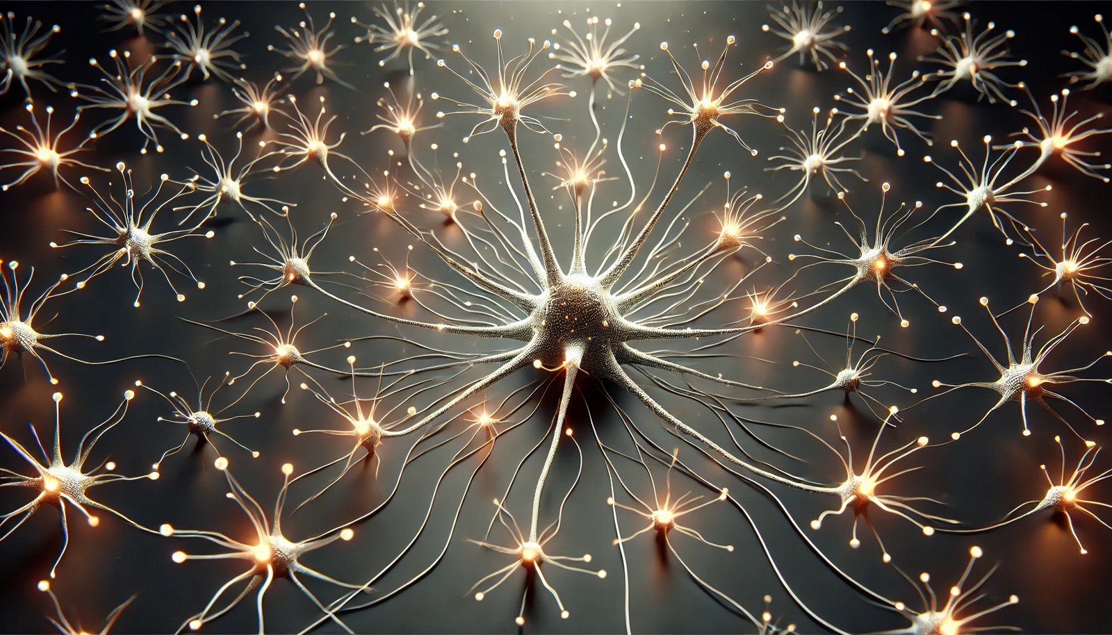 3D illustration of Spiking Neural Networks with neuron-like nodes connected by glowing pathways, emitting impulses to represent neural activity. Minimalist design on a dark background conveys brain-inspired computing.