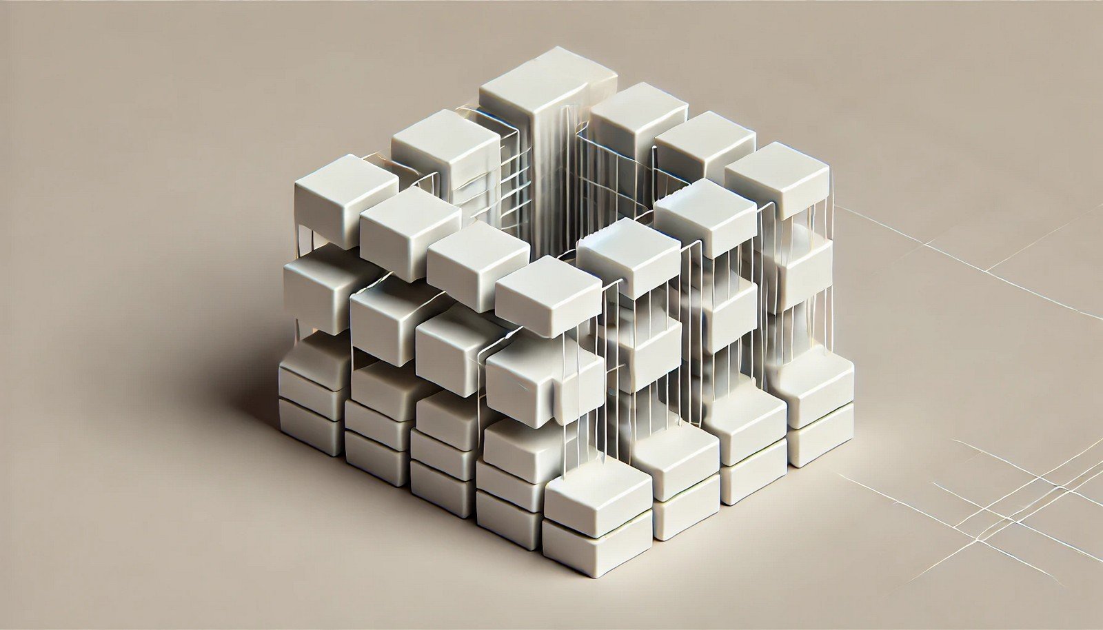 A 3D visualization of the U-Net neural network architecture, illustrating a U-shaped encoder-decoder structure with interconnected layers in a minimal, modern style for clear segmentation representation.