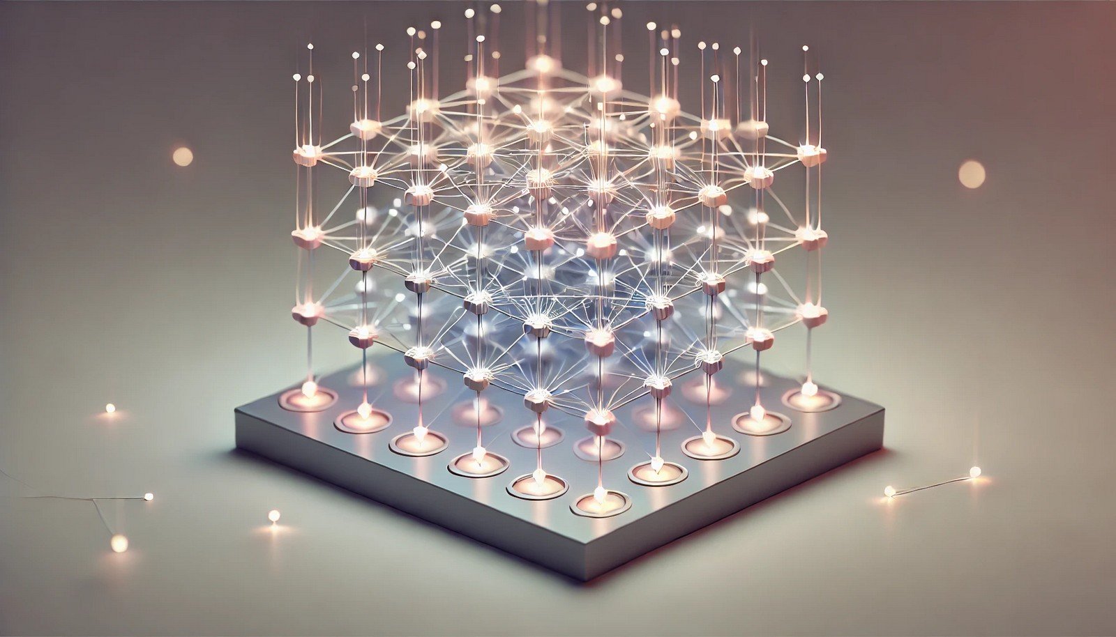 A 3D concept illustration of a Multilayer Perceptron (MLP) neural network, featuring interconnected layers of glowing nodes in a modern, minimal design. Each layer subtly passes information forward.