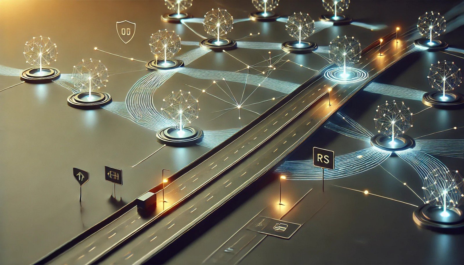 3D concept illustration of Highway Networks showing interconnected nodes and pathways with a few distinct glowing lines, symbolizing gated information flow through neural network layers on a dark gradient background.