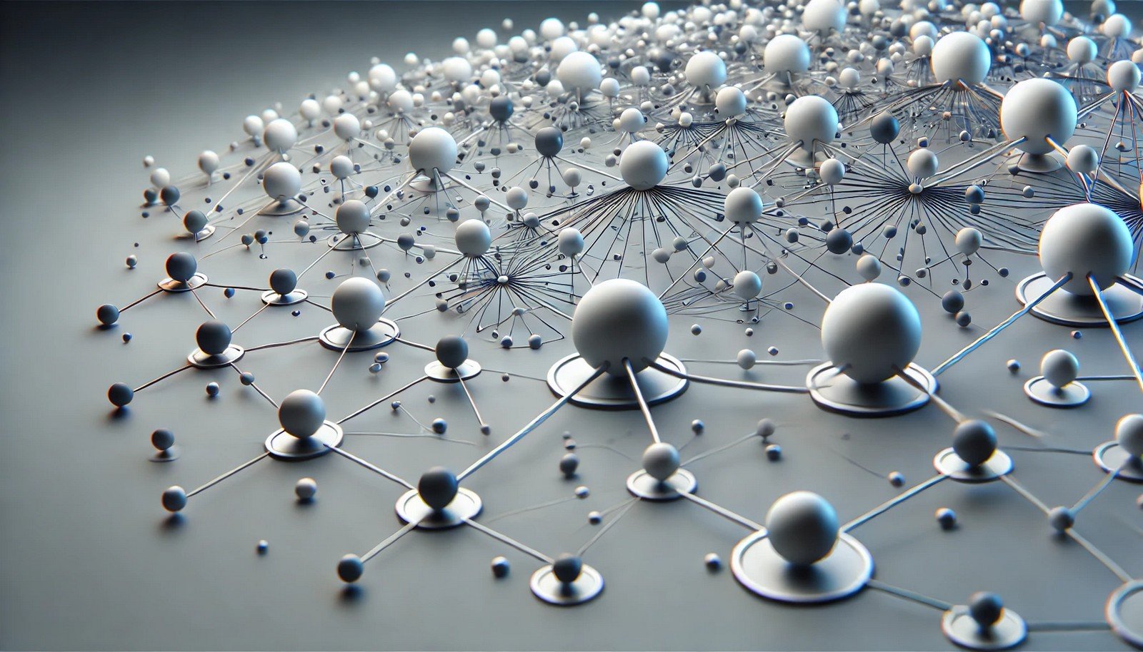 A 3D concept illustration of a hybrid network, displaying interconnected nodes and spheres symbolizing the fusion of wired and wireless networks in a streamlined, minimalistic style.