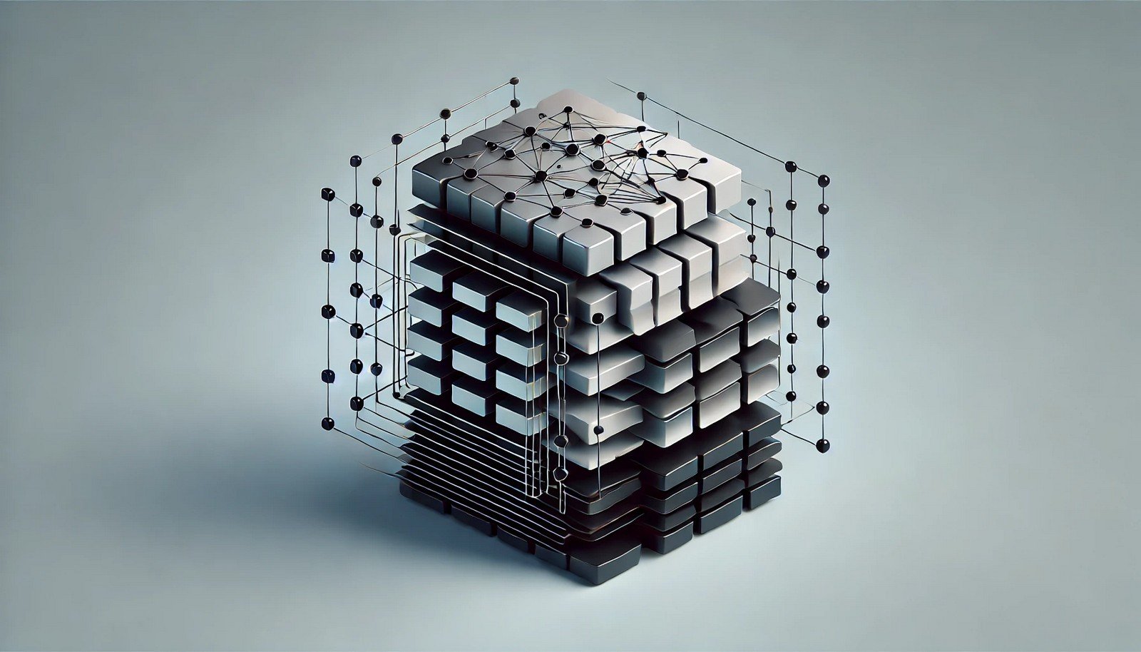 A 3D concept illustration of an Inception Module in deep learning, featuring interconnected layers with various-sized convolutional filters, representing multi-scale feature extraction and the structural layers of a neural network.